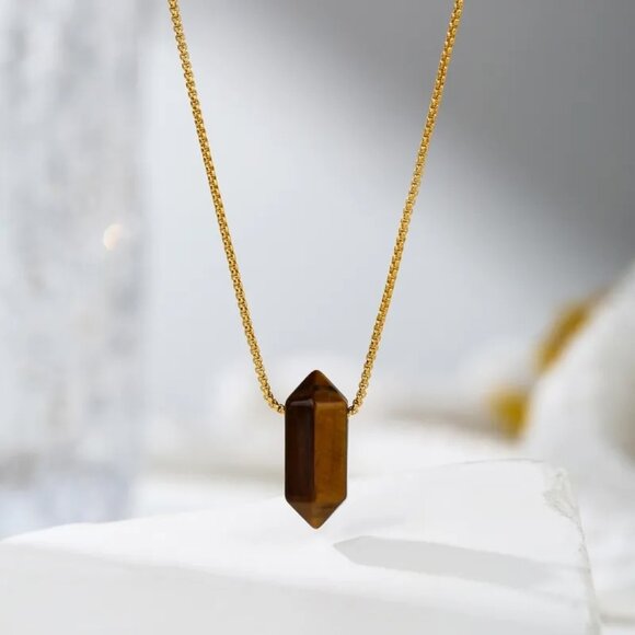 Gold Toned Chain Necklace with Tiger’s Eye Crystal Pendant - Picture 1 of 2